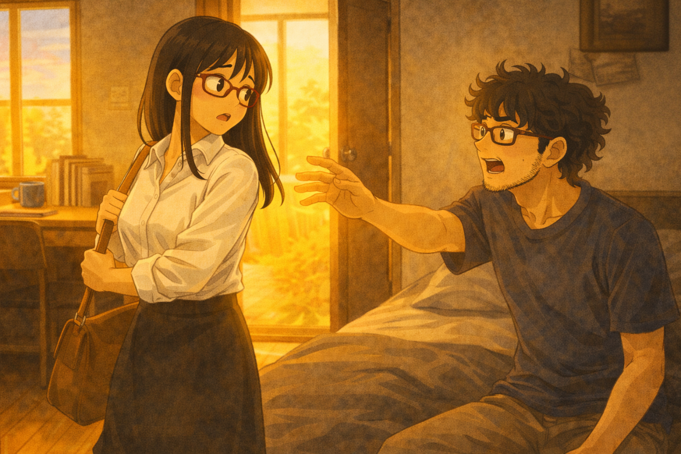 Monday morning again — Faris reaching toward Mia from the bed, mouth open. She turns back, surprised. The moment the emotional wall finally broke.